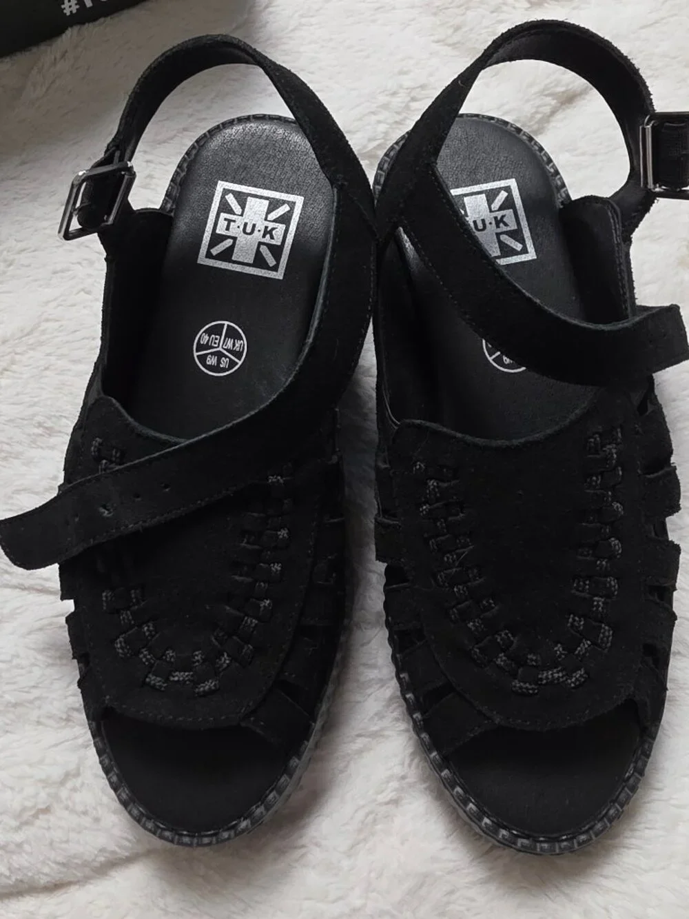 T.U.K. Black Suede Interlace Viva Mondo Creeper Sandals Size 9 EU 40 NWOT Box
